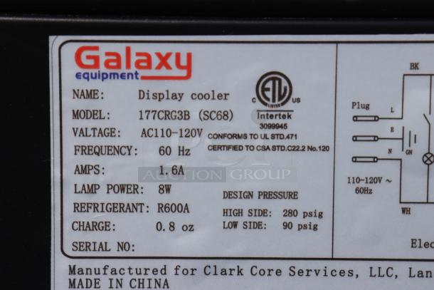 Brand new Galaxy CRG-3 display cooler label, Model 177CRG3B, 110-120V, 60Hz, 1.6A, R600A refrigerant, made in China.