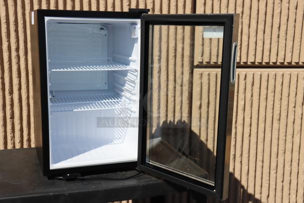 Brand new Galaxy CRG3B black refrigerated merchandiser, 2.5 cu ft, scratch-n-dent, open glass door, 115V, 1.1 Amps.