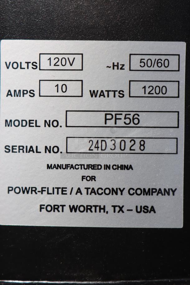 Powr-Flite PF56 label showing 120V, 10 Amps, 1,200 Watts, Serial No. 24D 3028, made for Powr-Flite Tacony, Fort Worth, TX.