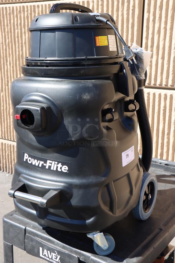 Powr-Flite PF56 20 Gallon Wet/Dry Vacuum, 120V, 1,200W, missing original packaging, front wheels need service.