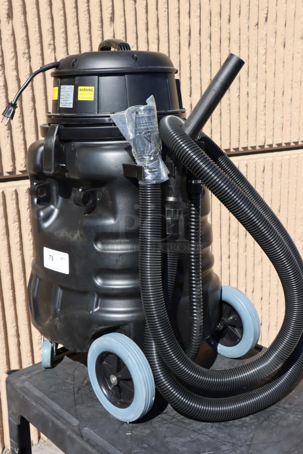 Powr-Flite PF56 20-gallon wet/dry vacuum, black polyethylene, toolkit included, 120V, missing original packaging, front wheels need service.