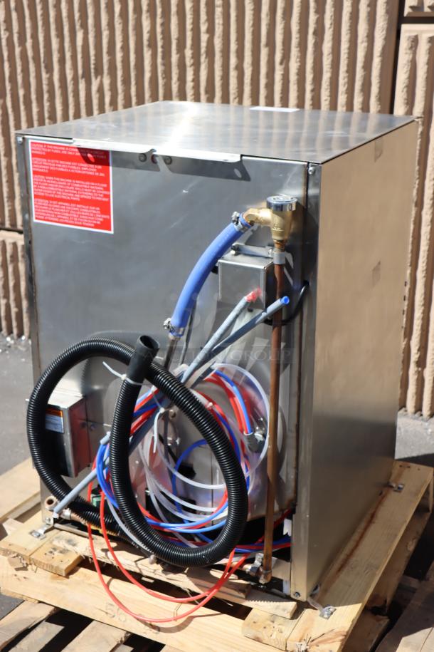 Brand new Noble Warewashing WAREFORCE UL-30 dishwasher, stainless steel, equipped with built-in chemical pumps, shown with hoses and labels.