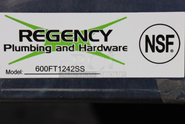 Regency 600FT1242SS stainless steel floor trough label, model number displayed, NSF certified.