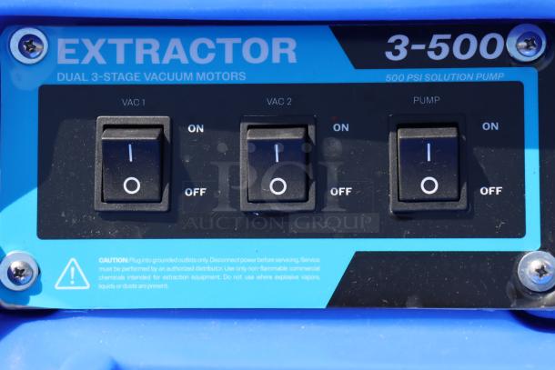 Lavex 3-500 dual 3-stage controls with VAC and pump switches, 500 PSI solution pump label, caution notice visible.