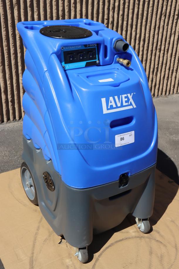 Brand new Lavex 3-500 dual 3-stage carpet extractor, 500 PSI, 12-gallon, with 25' hoses and 12" wand. Scratch-n-dent condition.