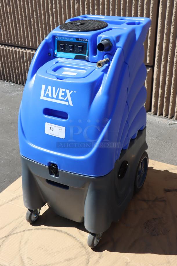 Lavex 3-500 carpet extractor, brand new, 12-gallon, 500 PSI, blue, with visible controls and branding, 25' hoses included.