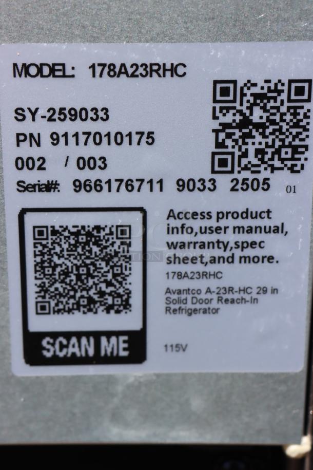 Label for Avantco A-23R-HC refrigerator, shows model 178A23RHC, serial 966176711 9033 2505, 115V power, QR codes visible.