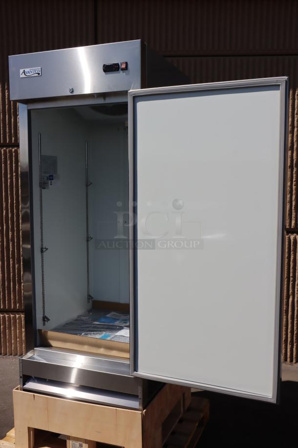 Brand new Avantco A-23R-HC 29" solid door reach-in refrigerator, stainless steel, 115V, 348W, with open door.