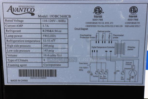 Label for Avantco BC-36-HC bakery display case, showing model, voltage, and serial number 1631212120003. Glass is broken on left side.