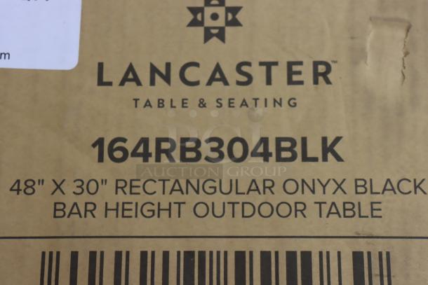 Unassembled Lancaster Table & Seating 48" x 30" onyx black bar height outdoor table, model 164RB304BLK, scratch-n-dent condition.