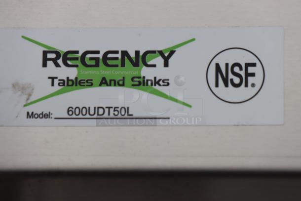 Regency 600UDT50L stainless steel dishtable label, showing model and NSF certification. New scratch-n-dent condition.