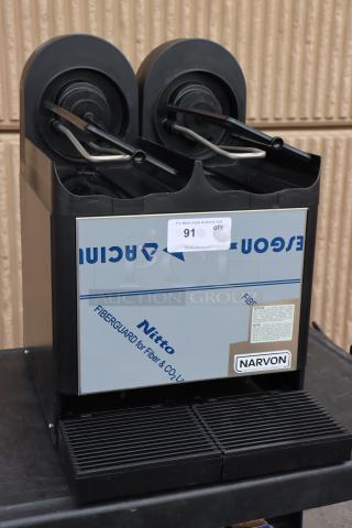 Brand new Narvon double 5-gallon refrigerated beverage dispenser, 115V, 2.4 Amps, 250 Watts, missing external components.