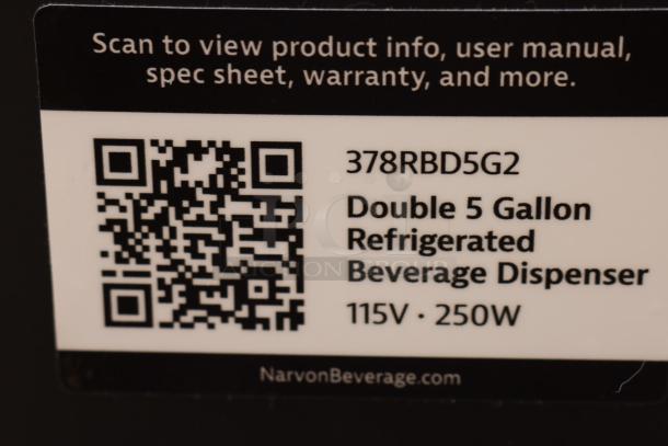 QR code and label for Narvon Double 5 Gallon Refrigerated Beverage Dispenser, 115V, 250W. Missing components noted.