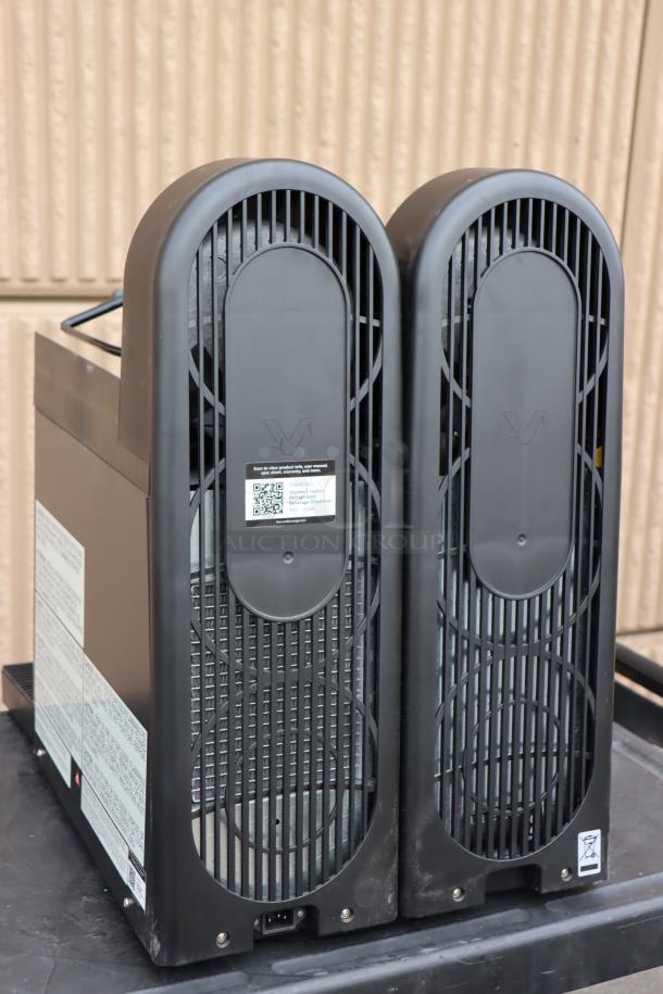 Brand new Narvon double 5-gallon bowl refrigerated beverage dispenser, 115V. Scratch-n-dent, missing external components.