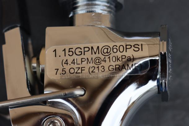 BRAND NEW Fisher 2911 36" Hose Assembly with 1.15 GPM Spray Valve. Shiny finish, label indicates flow rate and pressure. Made in USA.
