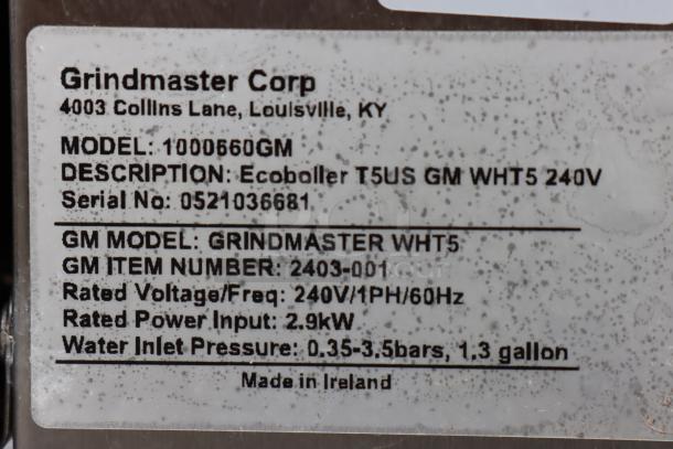 Grindmaster hot water dispenser label, model 2403-001, 1.3 gal, 240V, 2900W. Serial No. 0521036681. Made in Ireland.