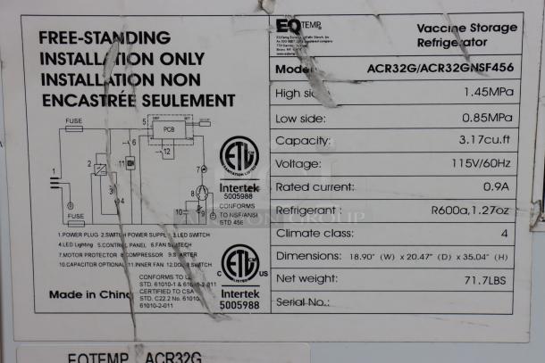 Summit Appliance ACR32G EQTemp medical refrigerator label showing specifications, capacity 3.17 cu. ft., 115V/60Hz, refrigerant R600a.