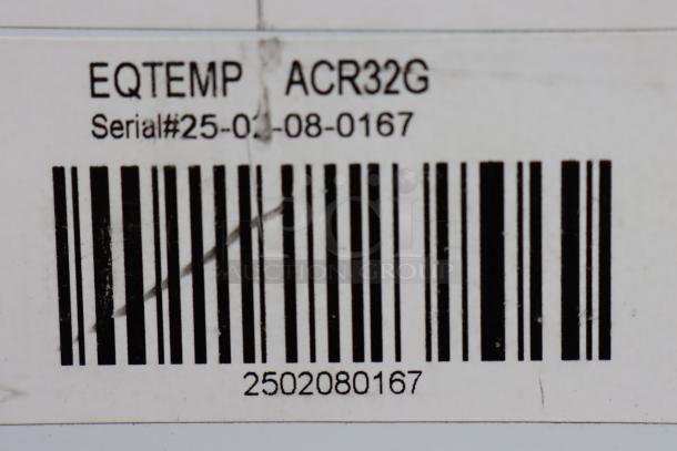 Label for Summit Appliance ACR32G EQTemp medical refrigerator, showing serial number 25-02-08-0167 and barcode.