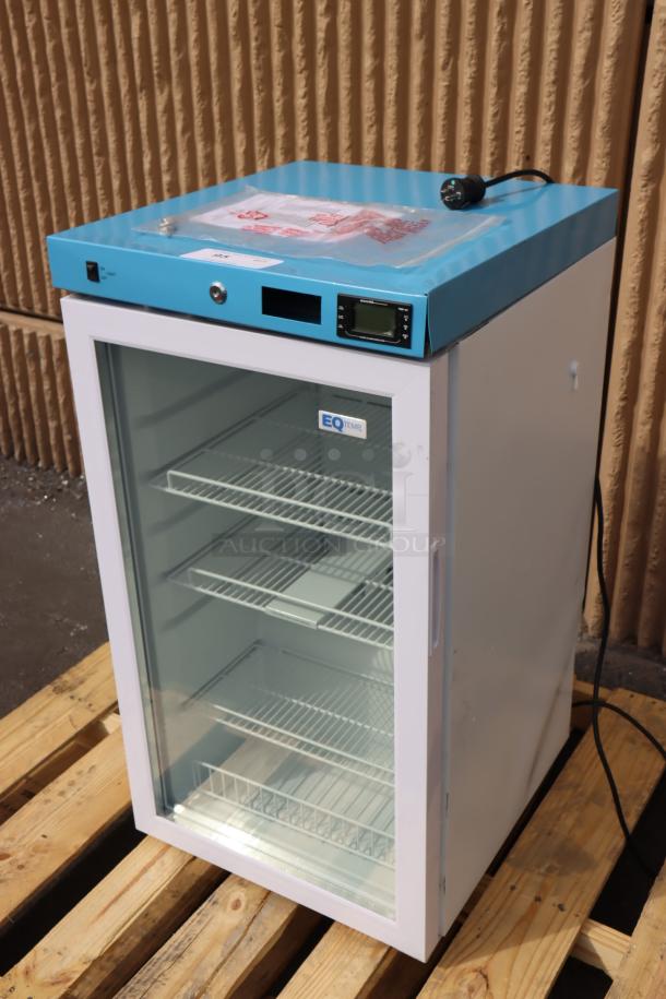 Summit ACR32G compact medical refrigerator, 3.17 cu. ft., glass door, white/blue, scratch-n-dent condition, EQTemp label.