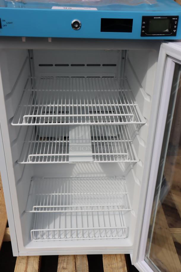 Summit Appliance ACR32G medical refrigerator, 3.17 cu. ft., white/blue, glass door, 3 shelves, Scratch-N-Dent condition.