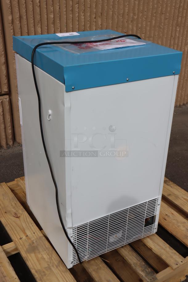 Summit Appliance ACR32G medical refrigerator, 3.17 cu. ft., white/blue, compact, new scratch-n-dent, serial #25-02-08-0167.