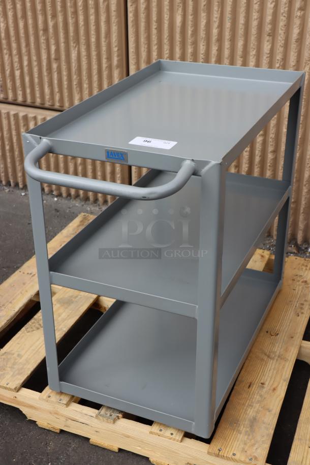 Lavex 257LSUC18303 steel utility cart, 30"x18"x35", three shelves, missing wheels and hardware, brand new condition.