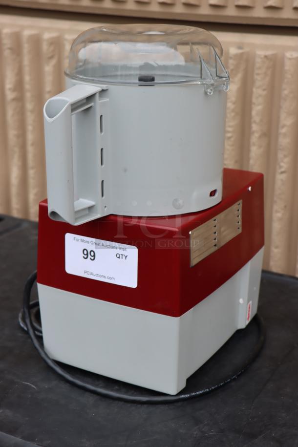 Brand new Robot Coupe R2 DICE food processor, 3 Qt. gray bowl, continuous feed, 4 discs, scratch-n-dent, missing pieces.