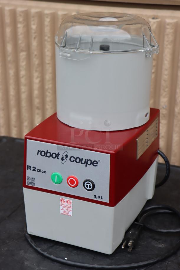 Brand new Robot Coupe R2 DICE food processor, 3 Qt gray bowl, 2 hp, missing pieces, ETL label visible, serial: 9272247203R-06.