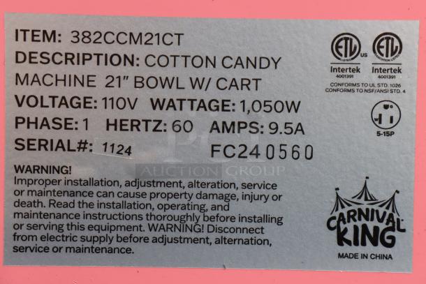 Carnival King cotton candy machine tag showing model CCM21CTK, 1050W, 110V, 21" bowl, and serial number 1124. 