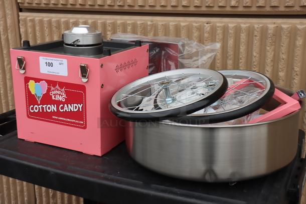 Carnival King CCM21CTK cotton candy machine, 21" stainless bowl, floss bubble, cart. New, out of box; may be missing parts.