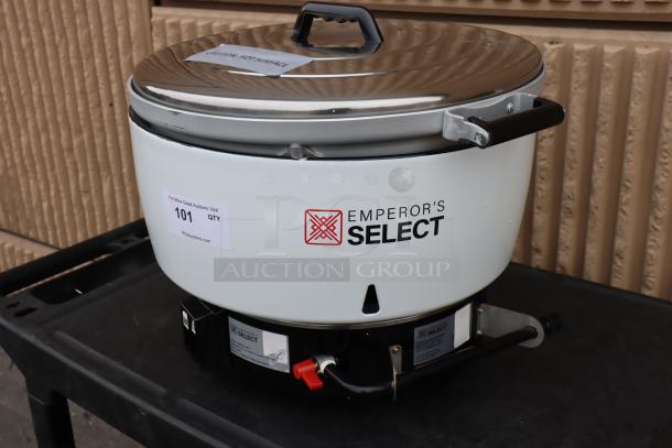 BRAND NEW Emperor's Select EGRC Gas Rice Cooker, Model 478EGRC140NG, 110 Cup Capacity, 22,000 BTU, with labels.
