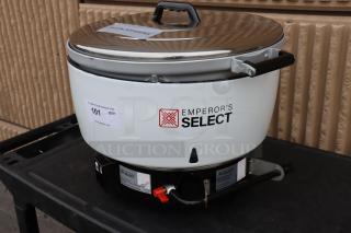 BRAND NEW Emperor's Select EGRC Gas Rice Cooker, Model 478EGRC140NG, 110 Cup Capacity, 22,000 BTU, with labels.