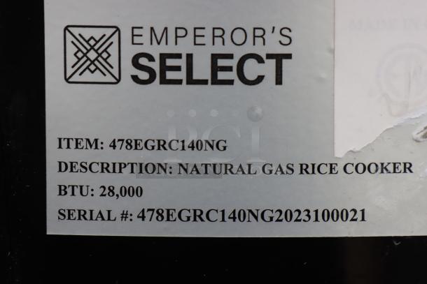 Emperor's Select gas rice cooker label, model 478EGRC140NG, BTU 28,000, serial number 478EGRC140NG2023100021.
