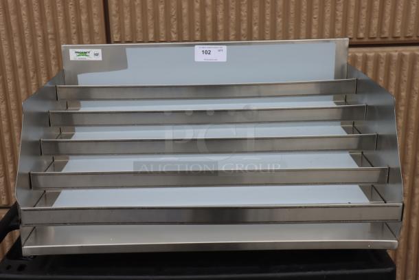 BRAND NEW Regency 600LDR2336 36" stainless steel liquor display rack, five-tiered, 23" deep, scratch-n-dent condition, NSF marked.