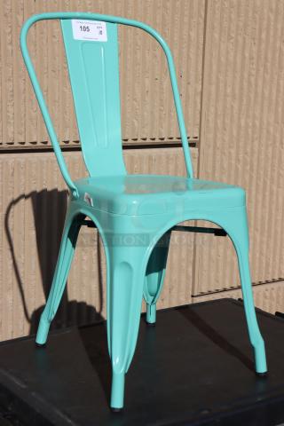 Brand new Lancaster Table & Seating Alloy Aquamarine Outdoor Cafe Chair with minor backrest scratches, model 164CMCAFESFM.