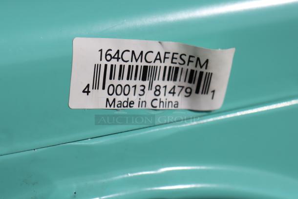 Barcode label on Lancaster Table & Seating chair, model 164CMCAFESFM, aquamarine color, "Made in China."