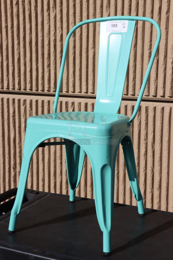 Brand new Lancaster Alloy aquamarine outdoor cafe chair. Minor backrest scratches. Model: 164CMCAFESFM. 9x your bid.