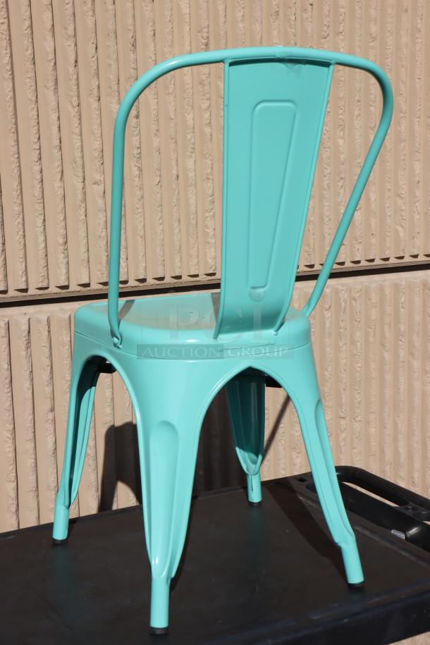 Lancaster aquamarine outdoor cafe chair, model 164CMCAFESFM, minor back rest scratches, metal design.