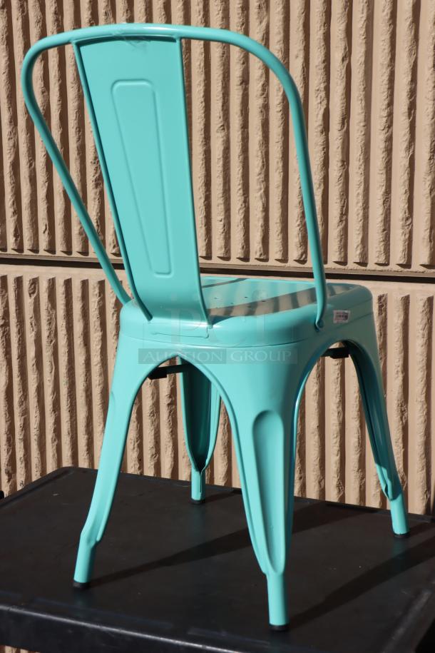 Lancaster Table & Seating aquamarine outdoor cafe chair, model 164CMCAFESFM. Minor scratches on backrest, new condition.