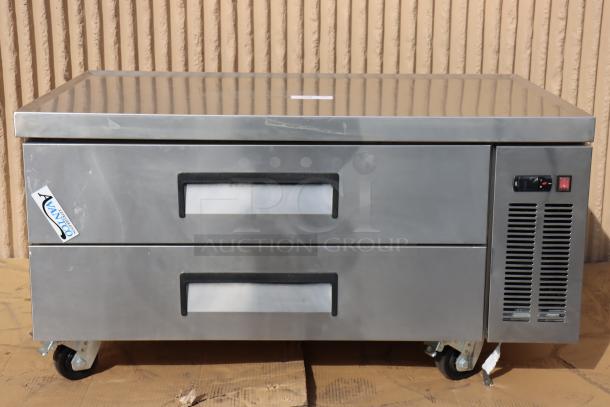 Brand new Avantco CBE-48-HC 48" 2-drawer refrigerated chef base, 115V, 4.32A, 343W, with casters, out of original packaging.