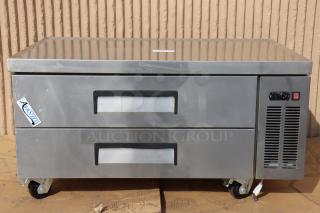Brand new Avantco CBE-48-HC 48" 2-drawer refrigerated chef base, 115V, 4.32A, 343W, with casters, out of original packaging.