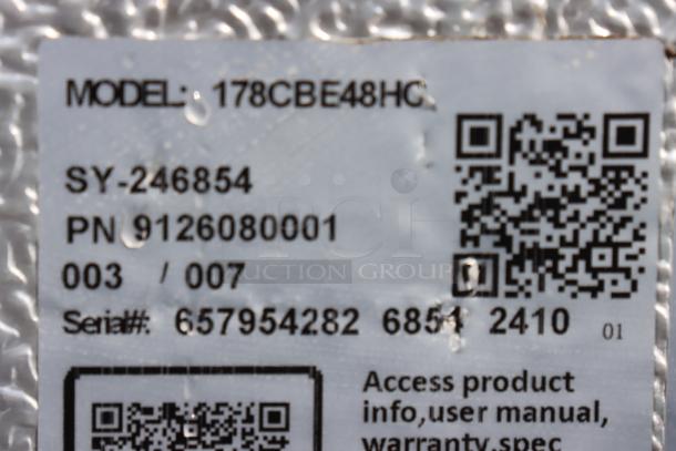 QR code and serial label on Avantco CBE-48-HC chef base; provides model, serial number, and product info access details.