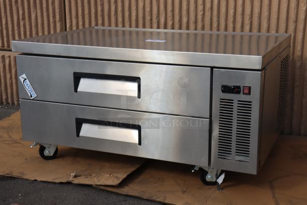 Brand new Avantco CBE-48-HC 48" 2-drawer refrigerated chef base, stainless steel, 115V, serial #657954282.