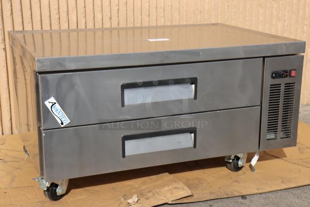 Brand new Avantco CBE-48-HC 48" 2 Drawer Refrigerated Chef Base, stainless steel, 115V, on casters, out of packaging.