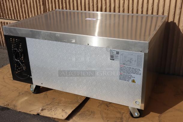 Brand new Avantco CBE-48-HC 48" 2-drawer refrigerated chef base, stainless steel, 115V, 4.32A, out of packaging.