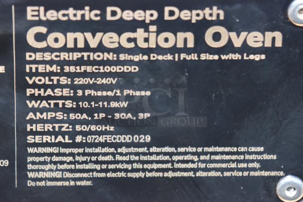 "Cooking Performance Group FEC-100-DDD electric convection oven label showing specifications: 240V, 11.9 kW, serial #0724FECDDD 029."