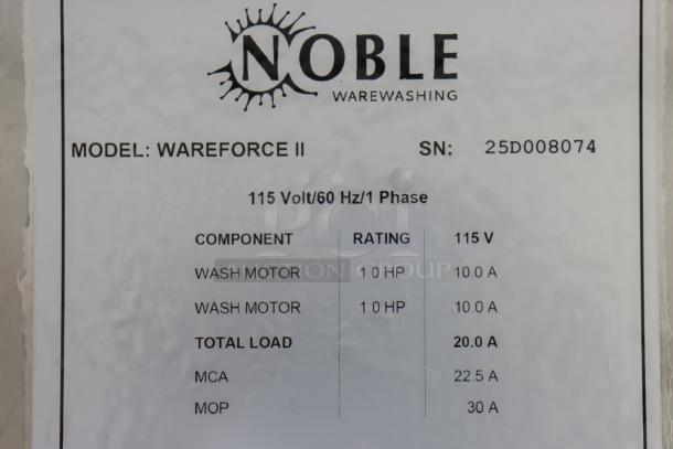 Noble Warewashing WAREFORCE II Dishwasher label, 115V, Serial No: 25D008074, bent top panel brackets.
