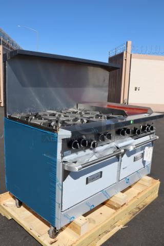 Brand new Garland G60-6G24RR natural gas range with 6 burners, 24" griddle, 2 ovens; 310,000 BTU. Serial No. 2503100101708.