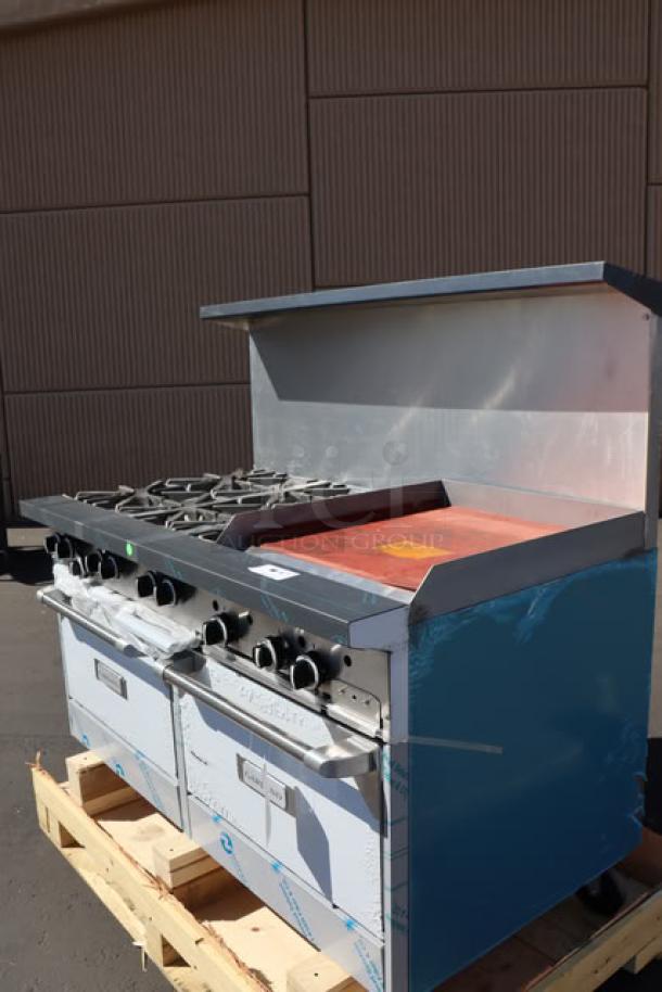 Brand new Garland G60-6G24RR natural gas range with 6 burners, 24" griddle, 2 ovens, and 310,000 BTU on pallet.