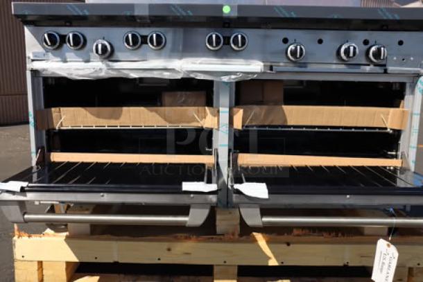 Brand new Garland G60-6G24RR natural gas range, 60", with 6 burners, 24" griddle, 2 ovens. Scratch-n-dent condition. Serial: 2503100101708.